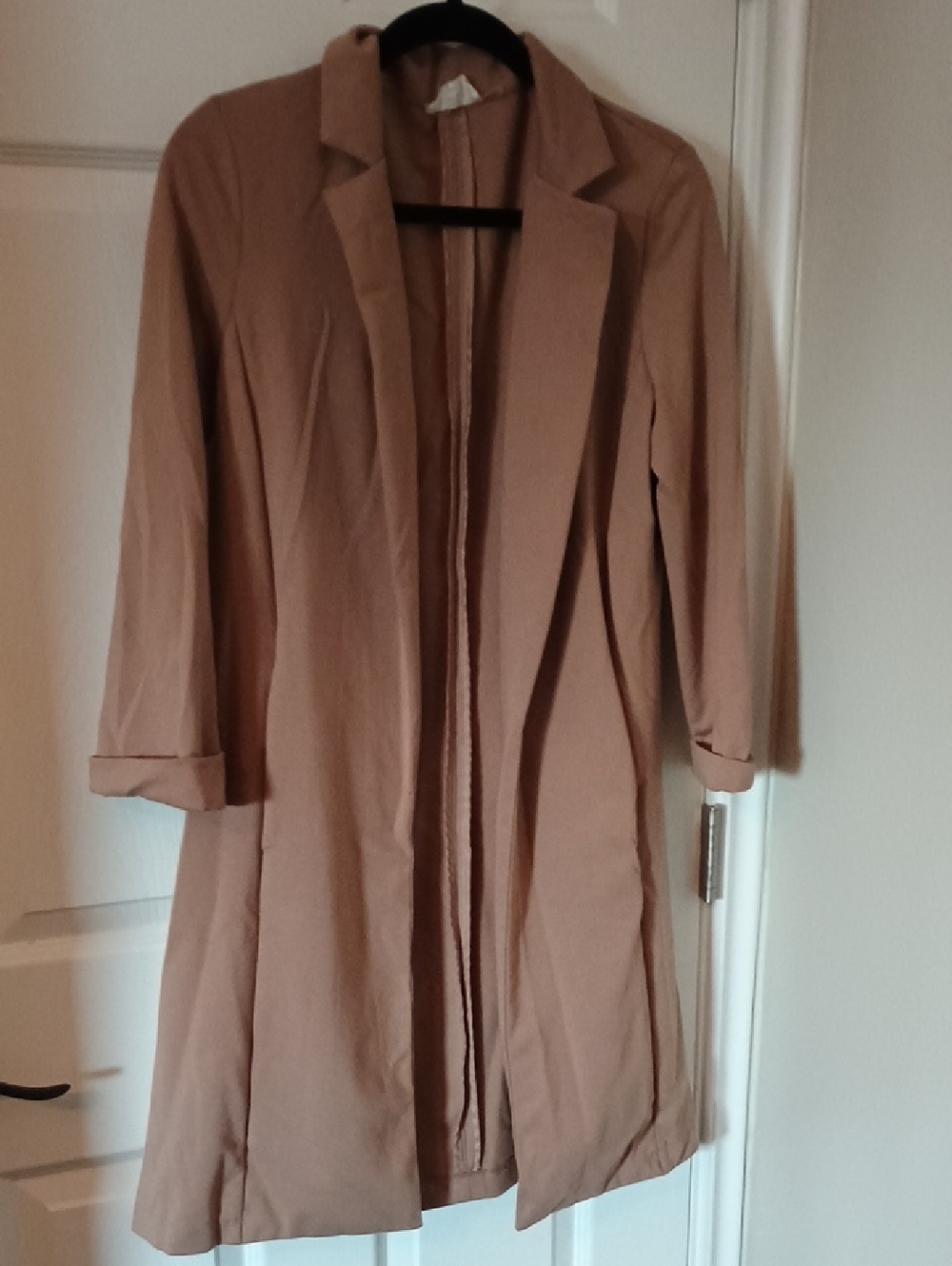 Light Khaki tan Brown Open Front Trench Blazer long Jacket Coat
